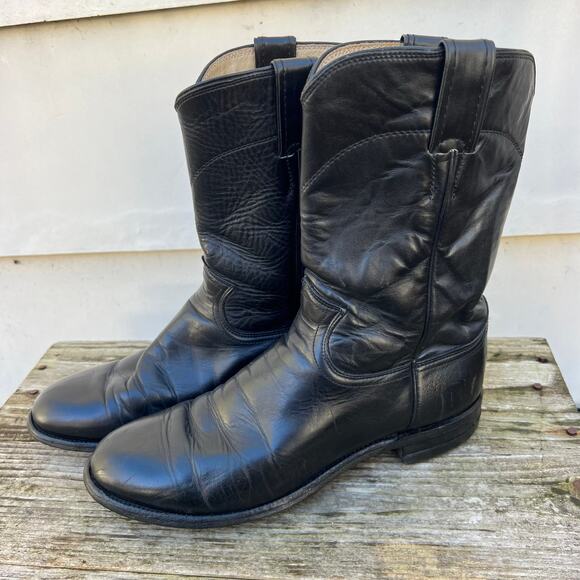 Vintage Justin Boots Black Roper Pull On Round Toe Cowboy Western 3133 8 1/2 D - Picture 4 of 9